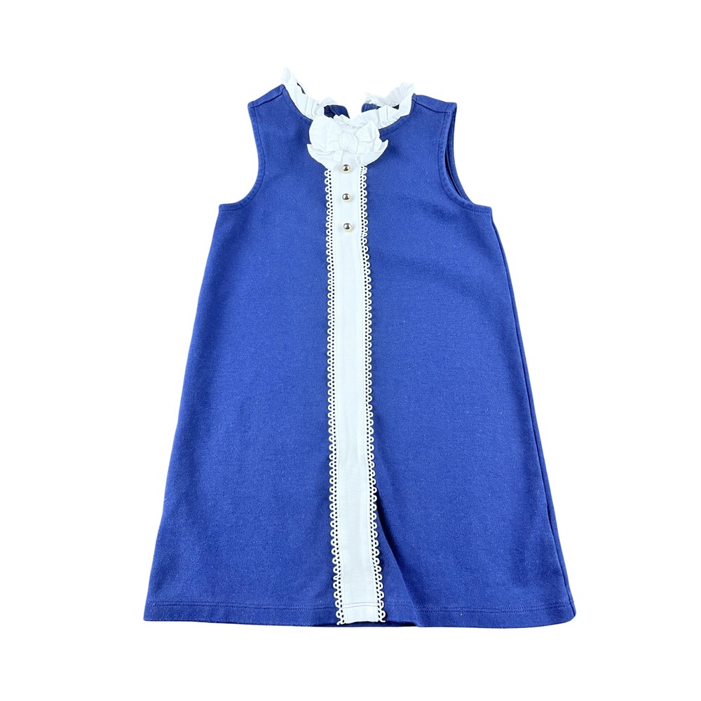 Janie and Jack Blue White Button Front Dress Girls Size 5 Ruffle Collar Bow